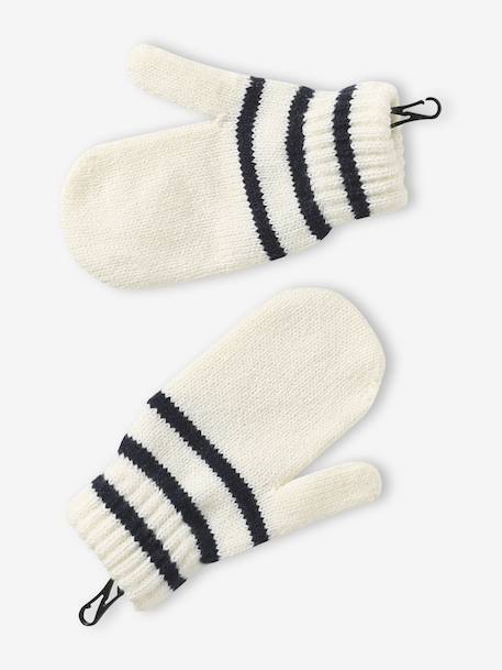 Striped set for boys: beanie + snood + mittens/gloves ecru 