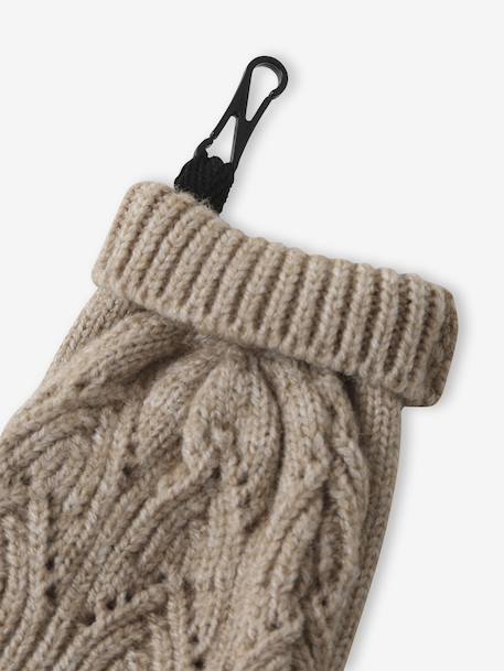 Embroidered set for girls: beanie + snood + open knit mittens/gloves golden beige 