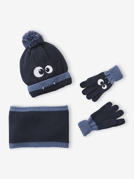 Boys' beanie + snood + mittens/gloves 'Monster' set navy blue 