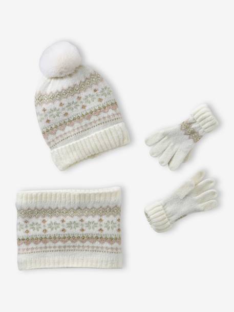 Girl's jacquard set: beanie + snood + mittens/gloves ecru+rose 