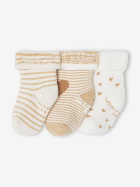 Pack of 3 pairs of 'hearts' socks for baby girls ecru+hazel 