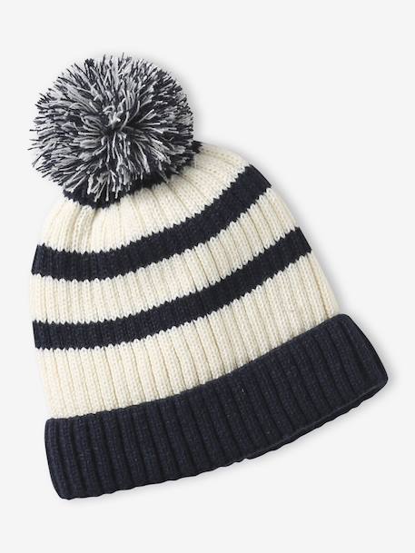 Striped set for boys: beanie + snood + mittens/gloves ecru 