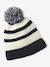 Striped set for boys: beanie + snood + mittens/gloves ecru 