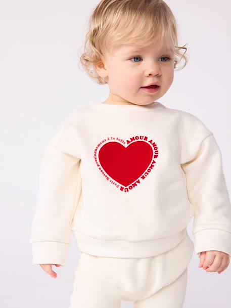 Sweatshirt in Heart Print Fleece, PETIT BATEAU ecru 