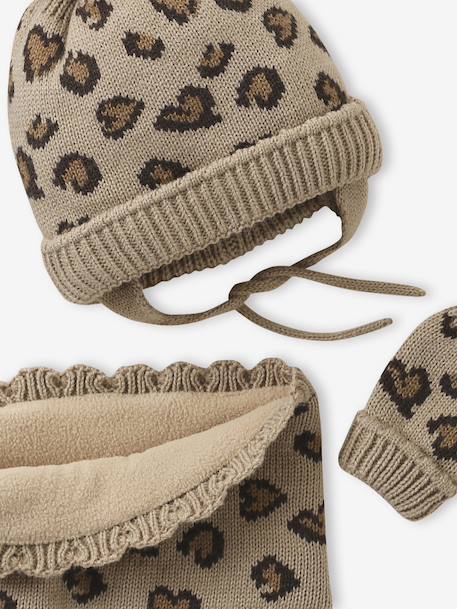 Leopard Heart Beanie, Snood & Mittens Set for Babies taupe 