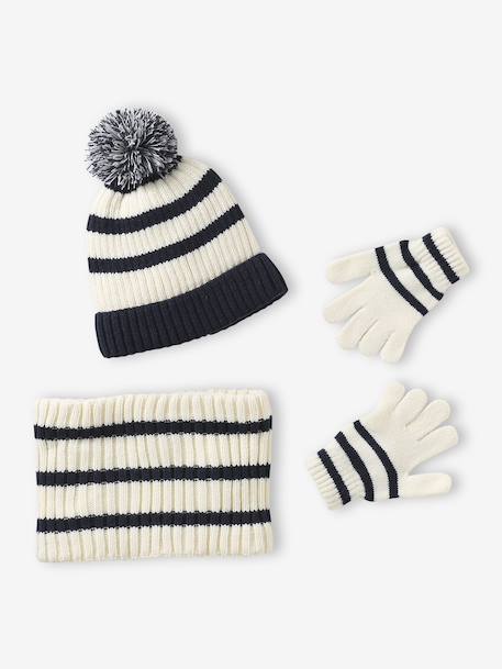 Striped set for boys: beanie + snood + mittens/gloves ecru 