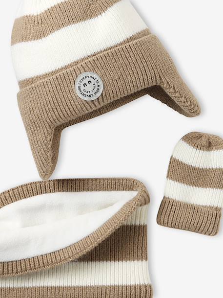 Striped Peruvian beanie, snood and mittens set for babies striped beige 