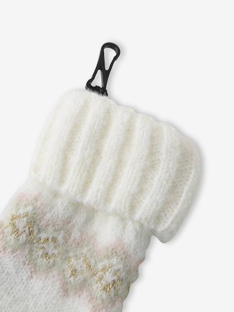 Girl's jacquard set: beanie + snood + mittens/gloves ecru+rose 