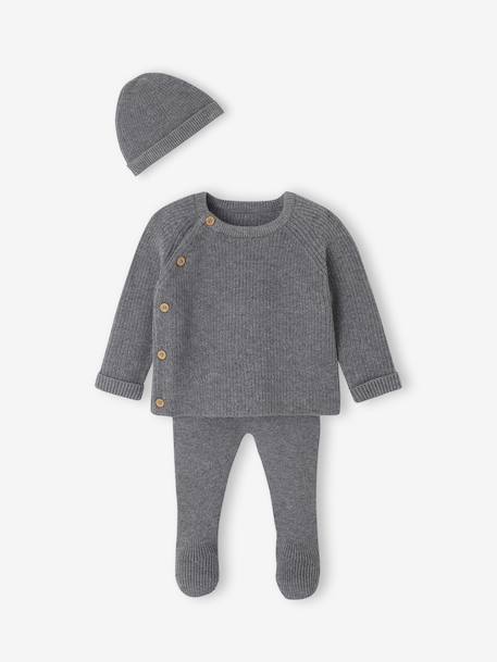 Set of 3 Knitted Items for Newborns: Cardigan + Trousers + Beanie marl grey+rose 