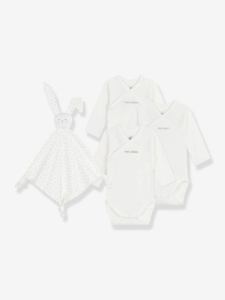 Set of 3 Embroidered Cotton Bodysuits & Rabbit Comforter for Newborns, PETIT BATEAU ecru 