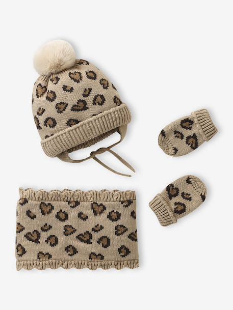 Leopard Heart Beanie, Snood & Mittens Set for Babies taupe 