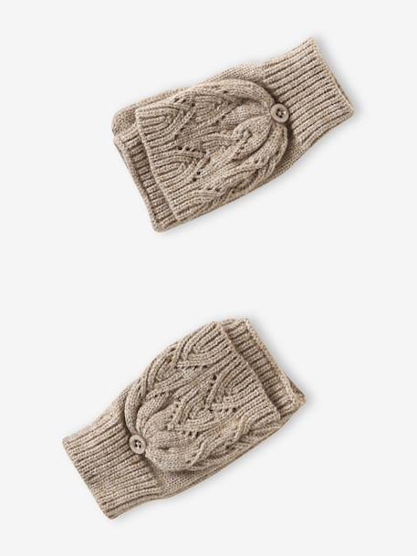 Embroidered set for girls: beanie + snood + open knit mittens/gloves golden beige 