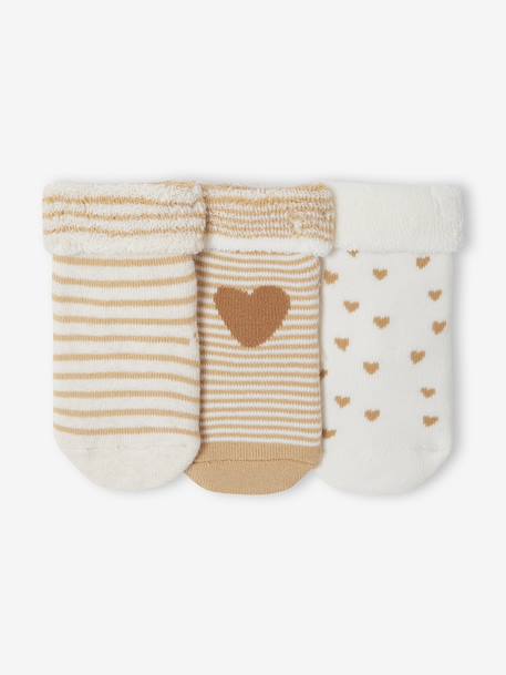 Pack of 3 pairs of 'hearts' socks for baby girls ecru+hazel 