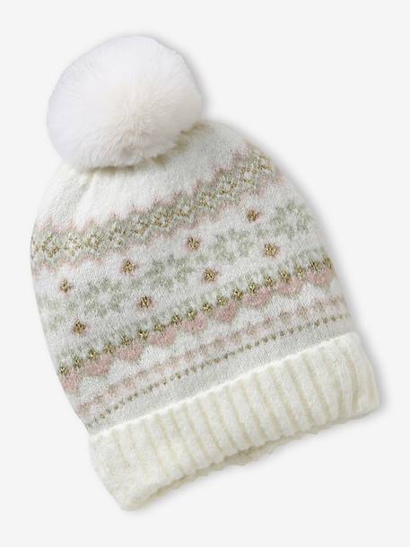 Girl's jacquard set: beanie + snood + mittens/gloves ecru+rose 