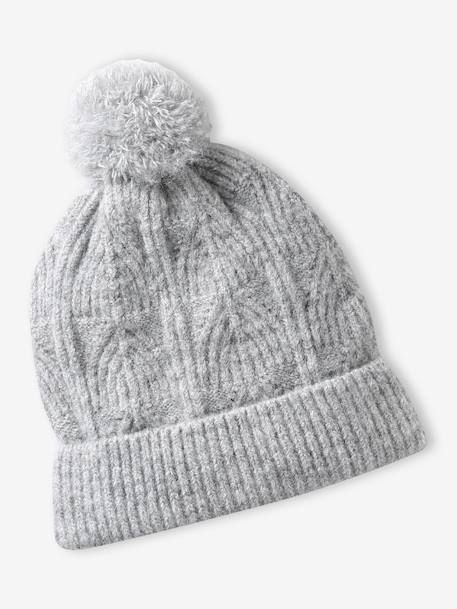 Beanie + Snood + Mittens Set in Shimmering Cable-Knit marl grey+PINK MEDIUM SOLID 