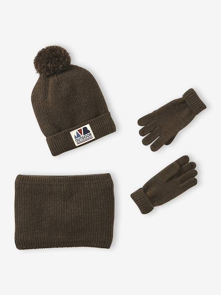 Boys' beanie + snood + mittens/gloves 'Outdoor' set grey blue+khaki 