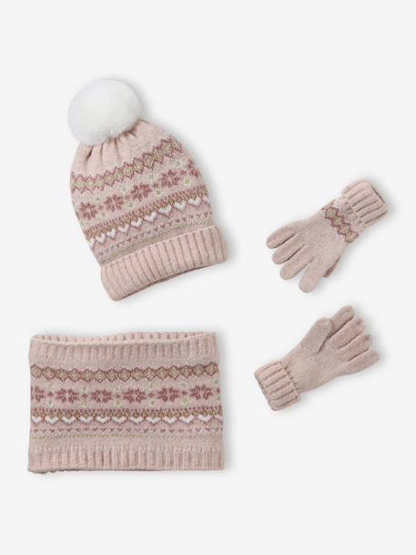 Girl's jacquard set: beanie + snood + mittens/gloves ecru+rose 