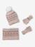 Girl's jacquard set: beanie + snood + mittens/gloves ecru+rose 
