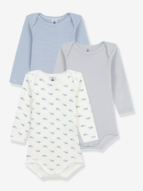 Pack of 3 Long-Sleeved Whale Bodysuits for Babies, PETIT BATEAU white 