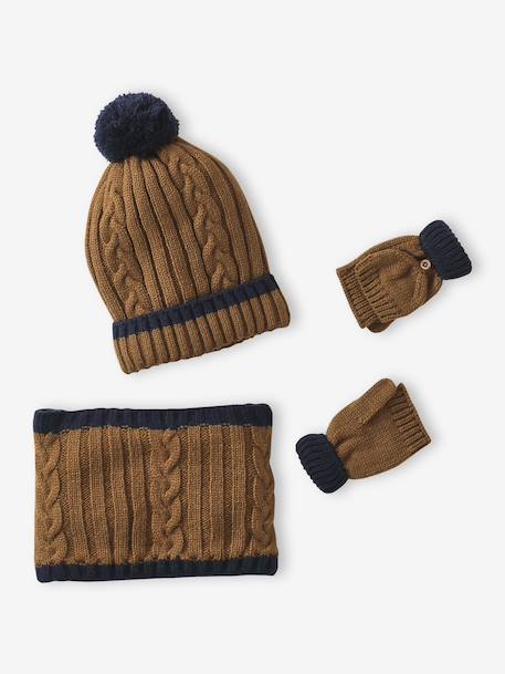 Boy's twisted set: beanie + snood + mittens/gloves ochre 