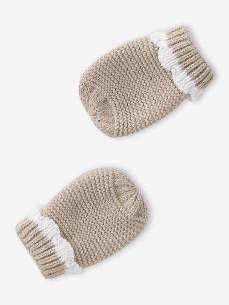 Scalloped Beanie, Snood & Mittens Set for Babies marl beige 