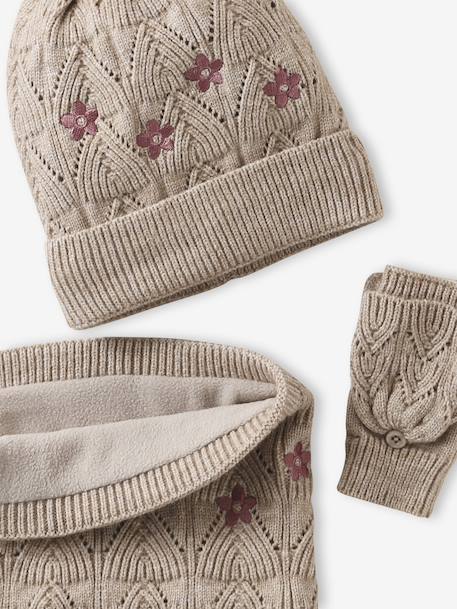 Embroidered set for girls: beanie + snood + open knit mittens/gloves golden beige 