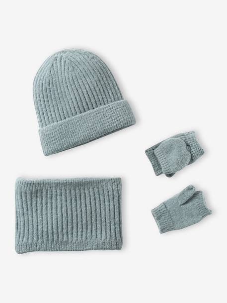 Beanie + Snood + Gloves/Mittens Set for Girls sage green 