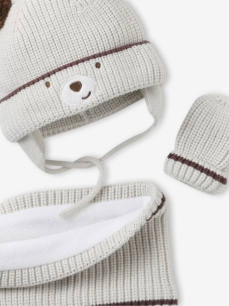 'Bear' Beanie, Snood & Mittens Set for Babies clay beige 