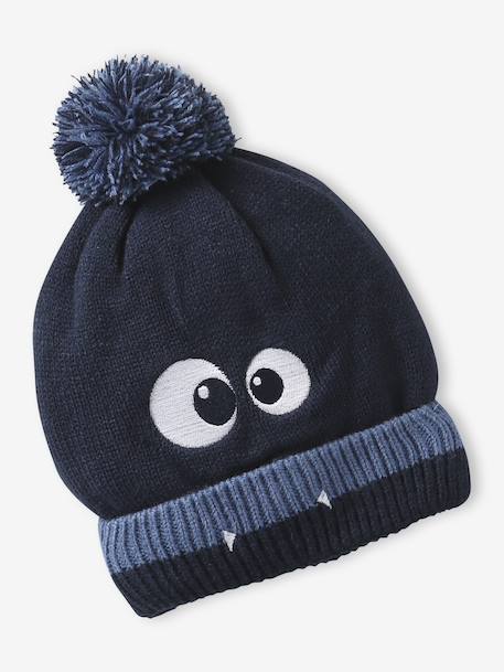 Boys' beanie + snood + mittens/gloves 'Monster' set navy blue 