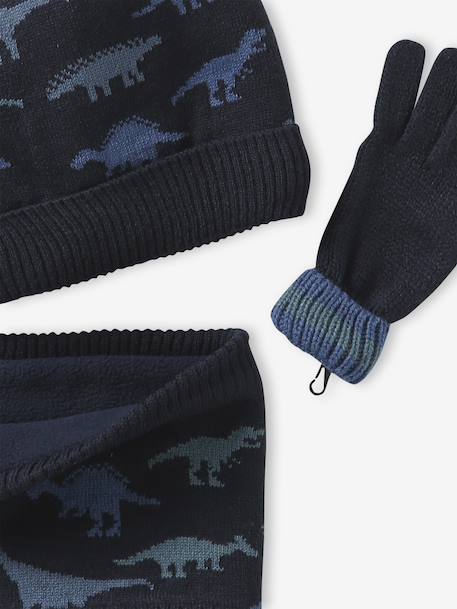 'Dinos' Beanie + Snood + Mittens/Gloves Set for Boys navy blue 