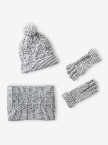 Beanie + Snood + Mittens Set in Shimmering Cable-Knit marl grey+PINK MEDIUM SOLID 