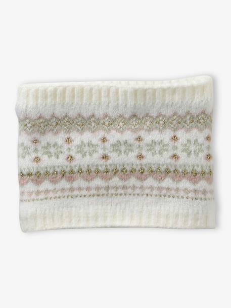 Girl's jacquard set: beanie + snood + mittens/gloves ecru+rose 