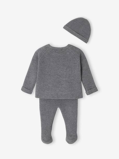 Set of 3 Knitted Items for Newborns: Cardigan + Trousers + Beanie marl grey+rose 