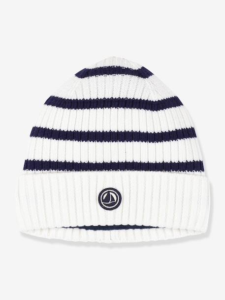 PETIT BATEAU striped beanie for children in knitted fabric with fleece lining navy blue 