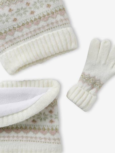 Girl's jacquard set: beanie + snood + mittens/gloves ecru+rose 