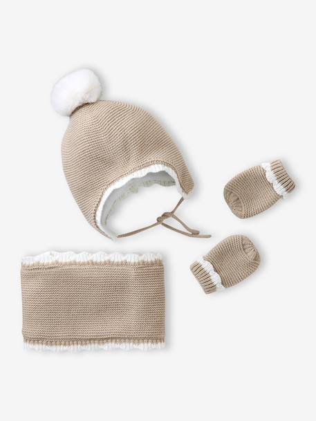 Scalloped Beanie, Snood & Mittens Set for Babies marl beige 