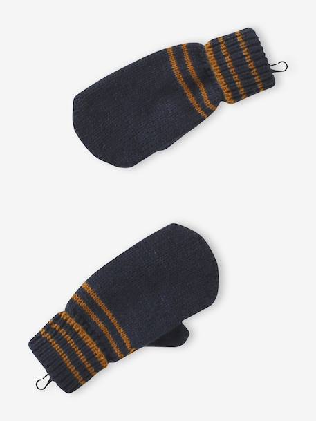 Striped Set for Boys: Beanie + Snood + Mittens/Gloves chambray blue+khaki 