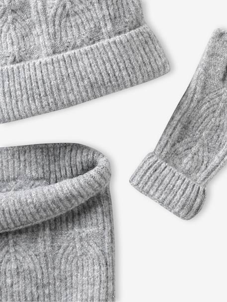 Beanie + Snood + Mittens Set in Shimmering Cable-Knit marl grey+PINK MEDIUM SOLID 