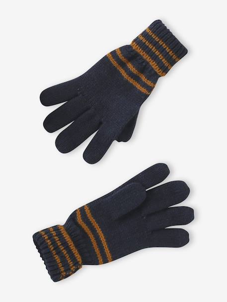 Striped Set for Boys: Beanie + Snood + Mittens/Gloves chambray blue+khaki 