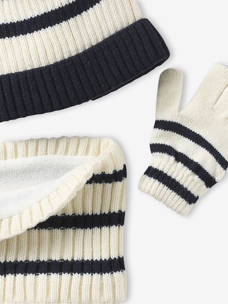 Striped set for boys: beanie + snood + mittens/gloves ecru 