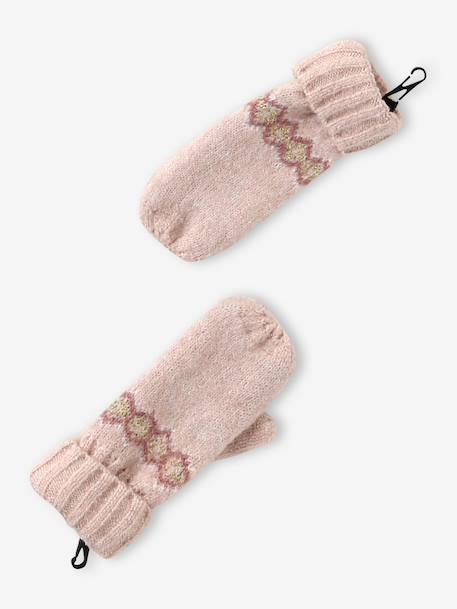 Girl's jacquard set: beanie + snood + mittens/gloves ecru+rose 