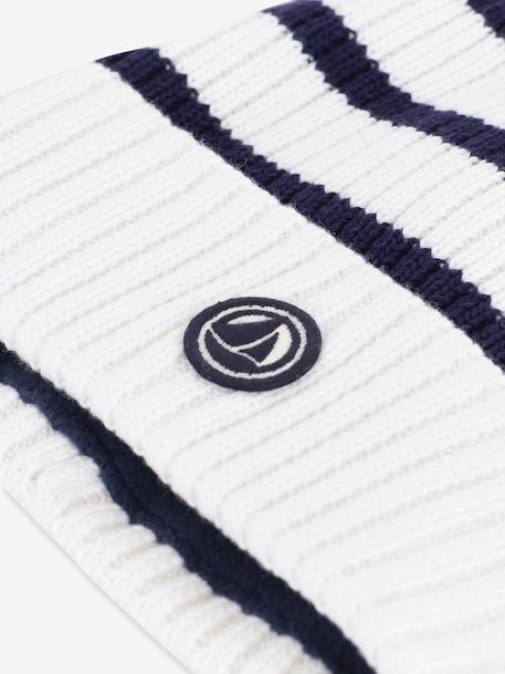 PETIT BATEAU striped beanie for children in knitted fabric with fleece lining navy blue 