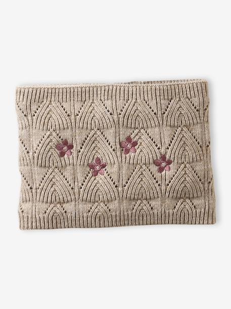 Embroidered set for girls: beanie + snood + open knit mittens/gloves golden beige 