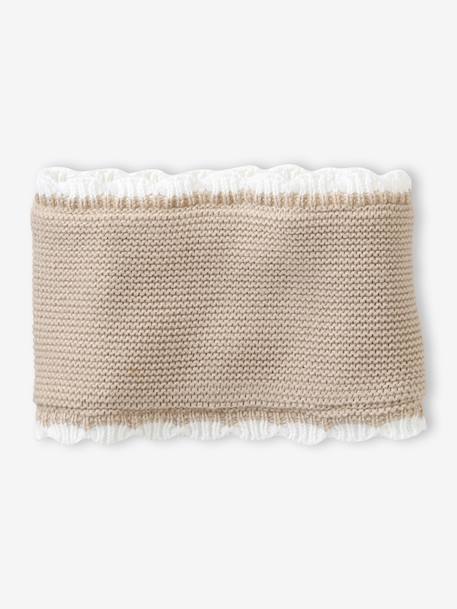 Scalloped Beanie, Snood & Mittens Set for Babies marl beige 