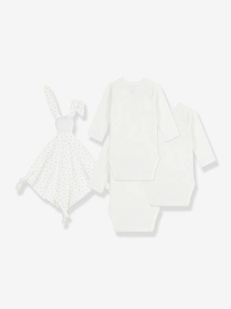 Set of 3 Embroidered Cotton Bodysuits & Rabbit Comforter for Newborns, PETIT BATEAU ecru 
