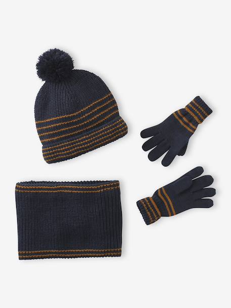 Striped Set for Boys: Beanie + Snood + Mittens/Gloves chambray blue+khaki 