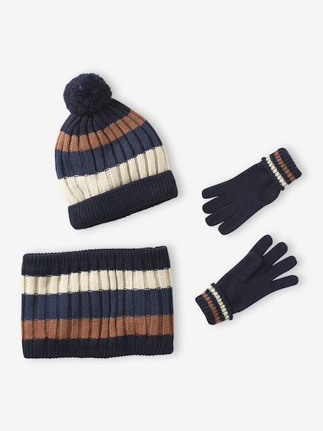Tricolour Set for Boys: Beanie + Snood + Mittens/Gloves night blue 