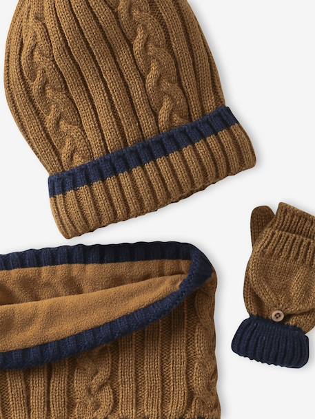 Boy's twisted set: beanie + snood + mittens/gloves ochre 