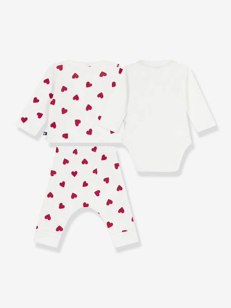 PETIT BATEAU baby's 3-piece heart print set: wrap cardigan, trousers and bodysuit. white 