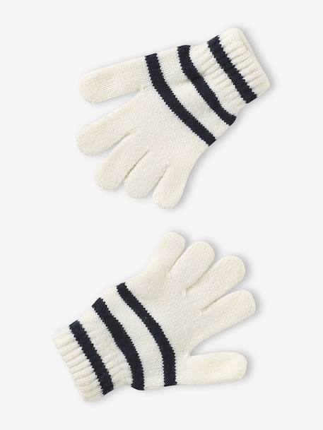 Striped set for boys: beanie + snood + mittens/gloves ecru 